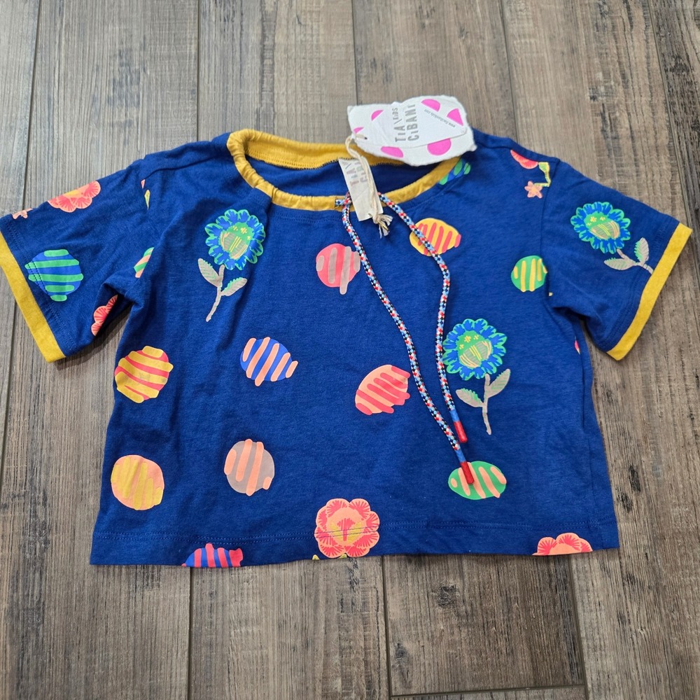 NWT Tia Cibani Kids Drawstring Ringer Tee Cobalt Blue‎ Floral Size 2